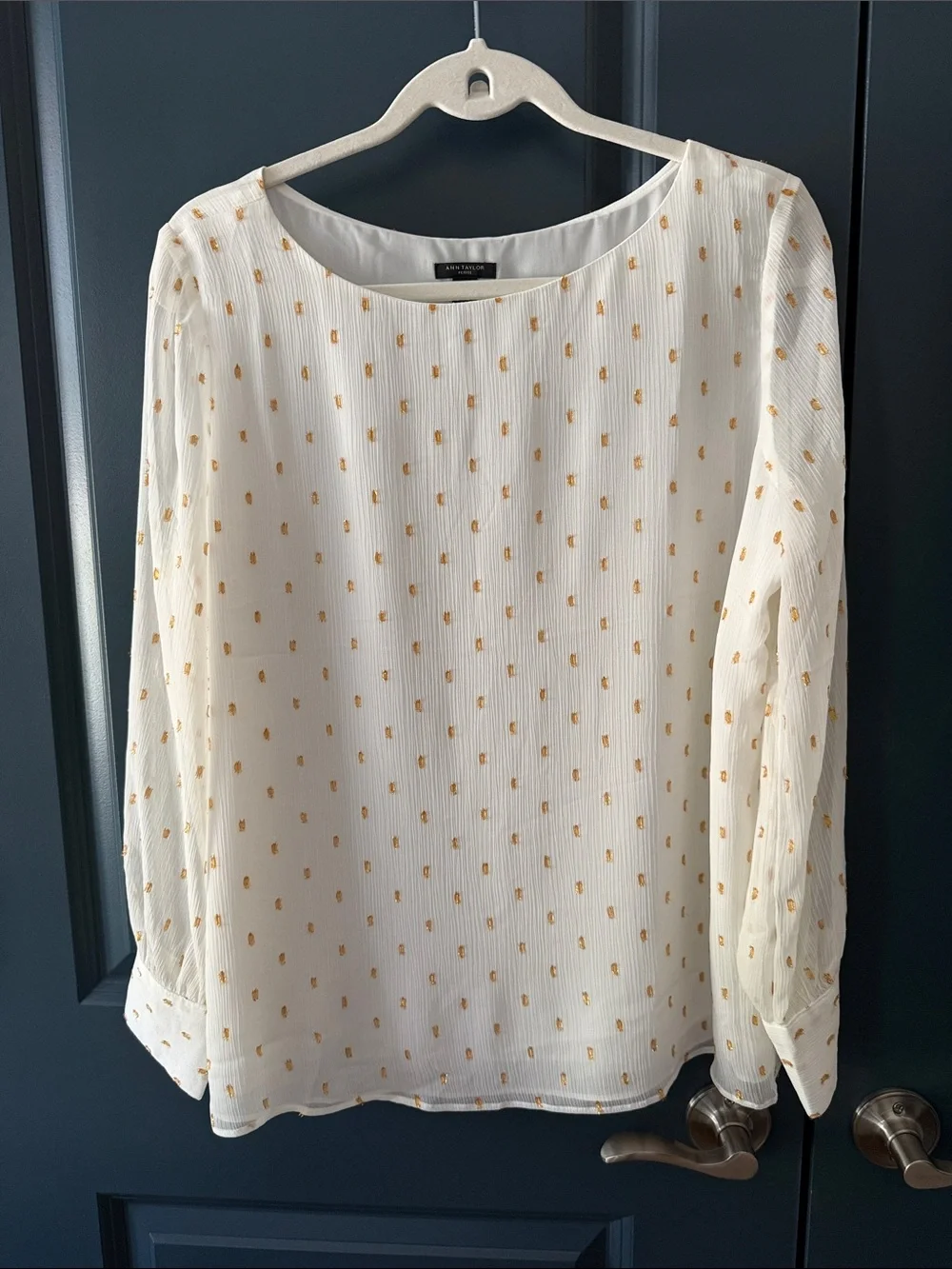 Ann Taylor Cream Blouse with Gold Dot Detail